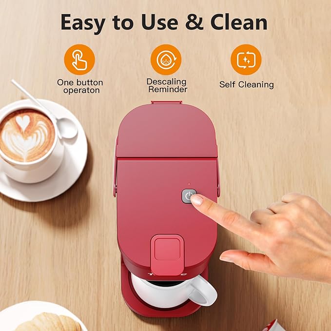 Single Serve One Cup Coffee Maker, for K Cups and Grounds, Mini Coffee Maker with Portable Handle, 6 to 12 Oz Brew Size, for Travel, Camping, Office, RV and Dorm, 120V, Vintage Red