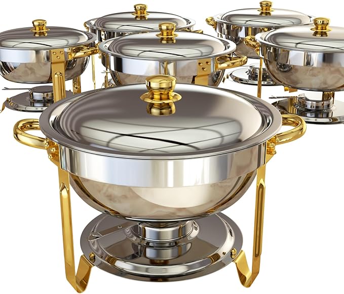 Chafing Dishes for Buffet, 6 Pack 5QT Round Chafing Dish Buffet Set [Elegant Gold and Silver Colors] Stainless Steel Buffet Servers and Warmers for Catering Events Parties Dinners with Complete Set