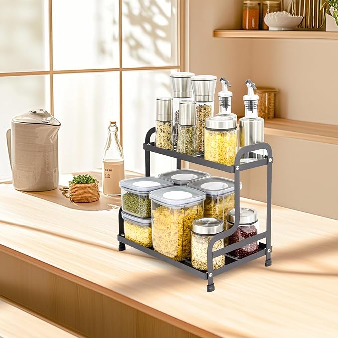 2-Tier Metal Organizer Shelf for Bathroom & Kitchen - Heavy Duty Countertop Storage, Under Sink Cosmetic & Spice Organizer with Non-Slip Base, Easy Assembly