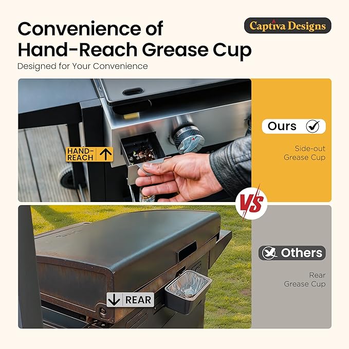 Captiva Designs 27 in Flat Top Griddle Grill with Ceramic Coated Cast Iron Pan, 3-Burner Propane Gas Griddle Grill, 33,000 BTU Output Flattop Grills for Outdoor Barbecue, Cooking and Party