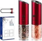 Vzaahu Gravity Electric Pepper and Salt Grinder Set of 2 - Rechargeable, Refillable, Adjustable Coarseness, Stainless Steel Seasalt Peppermill with LED light - One Hand Operation (Red)