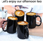 Smilatte 16 OZ Porcelain Coffee Mugs, Classic Blank Ceramic Cup with Large Handle for Tea Latte Cappuccino, Set of 4, Black