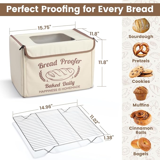 Folding Bread Proofing Box with 68-104℉ Temp Control & 48H Timer, Dough Proofer with Metal Rack, Proofing Box for Sourdough, Bread Baking, Pizza, Yogurt, Kombucha, Space-Saving & 5-Layer Fabric