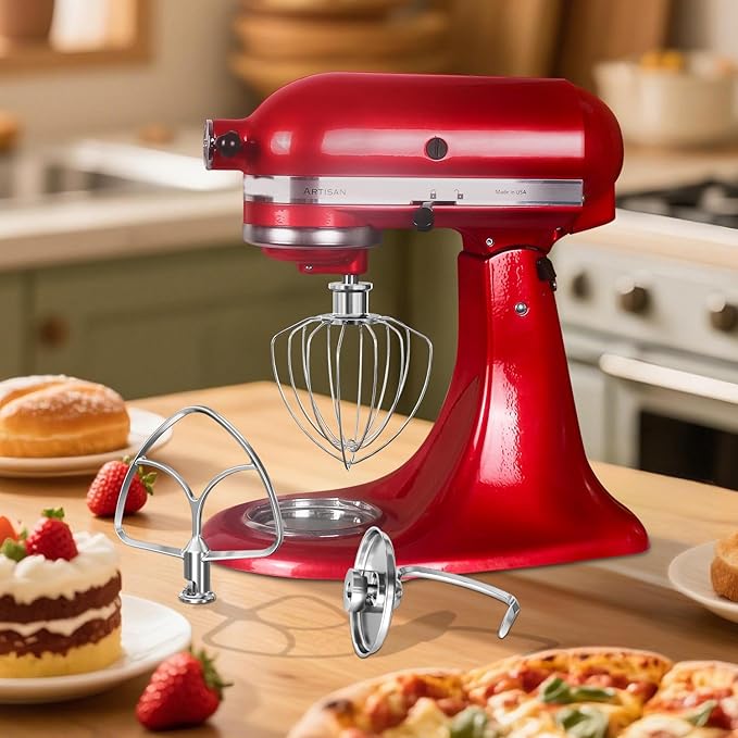 Stainless Steel Attachments 3 Pieces for KitchenAid 4.5-5QT Tilt-Head Stand Mixer and Mixing Bowl,K45WW Wire Whip, K45DH Dough Hook, K45B Flat Beater,Dishwasher Safe and Heavy Duty