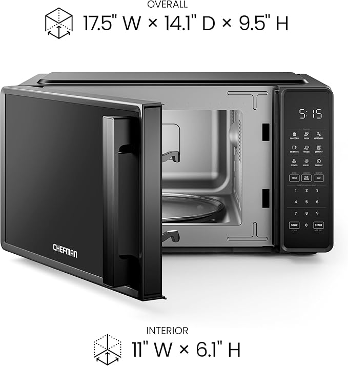 Chefman Countertop Microwave Oven 0.7 Cu. Ft., 700 Watts with 10 Power Levels, 6 Cooking Presets with One-Touch Express Cook, Eco Mode, Child Safety Lock, & Mute Button - Black