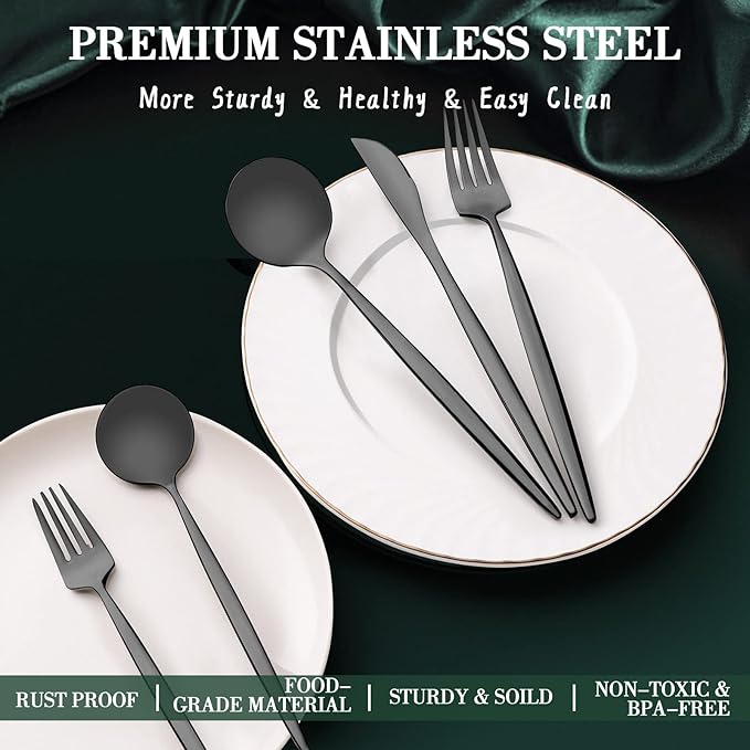 40-Piece Matte Black Silverware Set for 8, CEKEE Stainless Steel Flatware Cutlery Set, Cutlery Kitchen Utensils Set for Home Restaurant Apartment, Include Knife Forks and Spoons Silverware Set