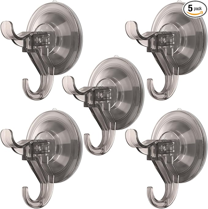 Antimbee Suction Hooks, 5 Pack Clear Hanger, Removable Small Suction Cups for Shower, Bathroom, Glass, Door, Windows, Kitchen - Up to 11 lbs on Smooth Surface - 2 Hooks Design (Transparent Gray)