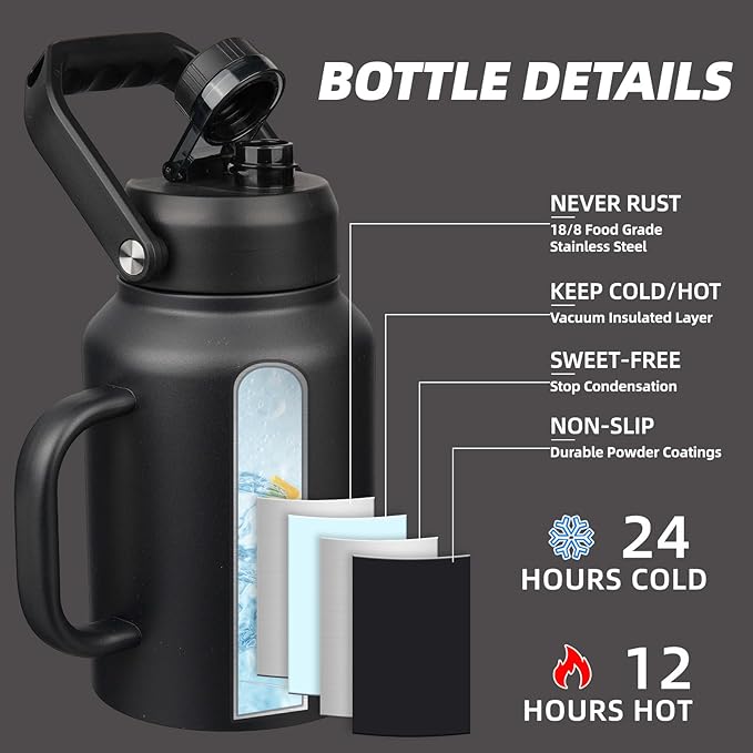 BJPKPK 64oz Insulated Water Bottle with Handle, Large Dishwasher Safe Half Gallon Water Bottle, BPA Free Water Jug, Wide Mouth Metal Water Bottle with Anti-slip Bottom, Keep Cold & Hot, Black