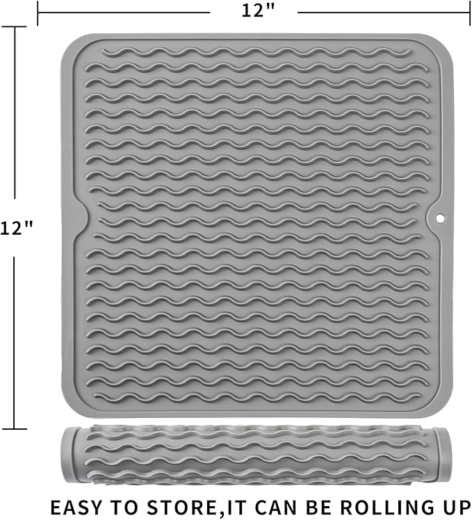 Silicone Dish Drying Mat for Multiple Usage,Easy clean,Eco-friendly,Heat-resistant Silicone Mat for Kitchen Counter or Sink,Refrigerator or Drawer liner Grey M 12 inches x 12 inches