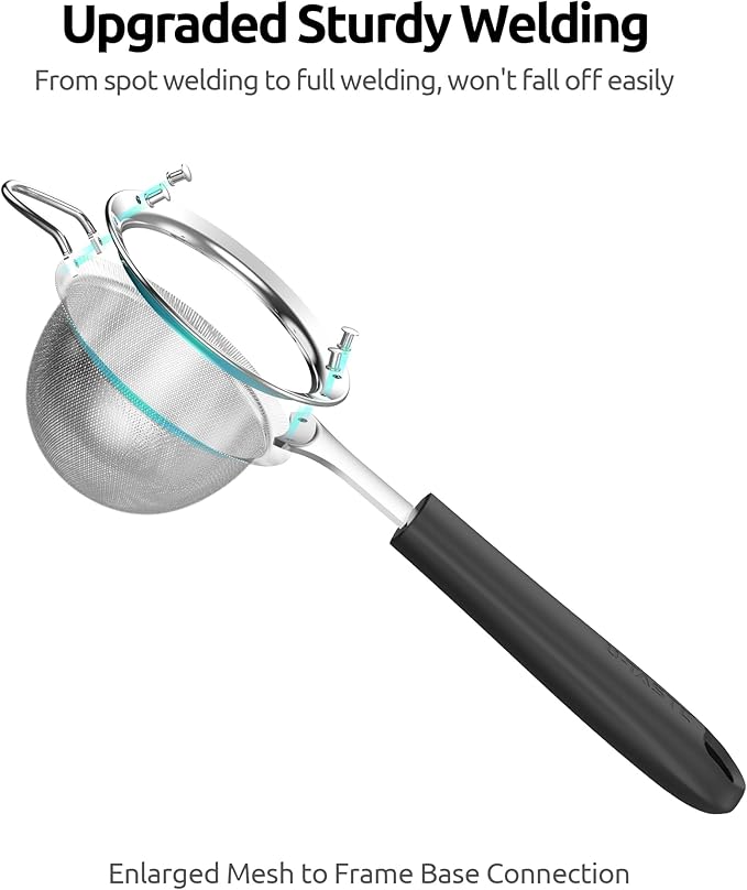 U-Taste Small Fine Mesh Strainer: 18/8 Stainless Steel 3.35in 30 Mesh Kitchen Food Sieve with Sturdy Riveted Silicone Handle, Heavy Duty Deep Handheld Metal Colander for Tea, Juice (Black)