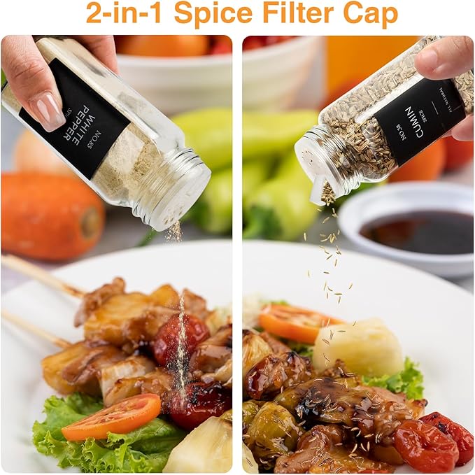 24 Pcs Glass Spice Jars with Label, 4oz Spice Jars with Lids, Seasoning containers Set, Comes with spice bottle caps, Silicone Collapsible Funnel,chalk, for Spice Rack, Cabinet, Drawer