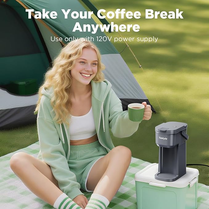 Single Serve One Cup Coffee Maker, for K Cups and Grounds, Mini Coffee Maker with Portable Handle, 6 to 12 Oz Brew Size, for Travel, Camping, Office, RV and Dorm, 120V, Cool Gray
