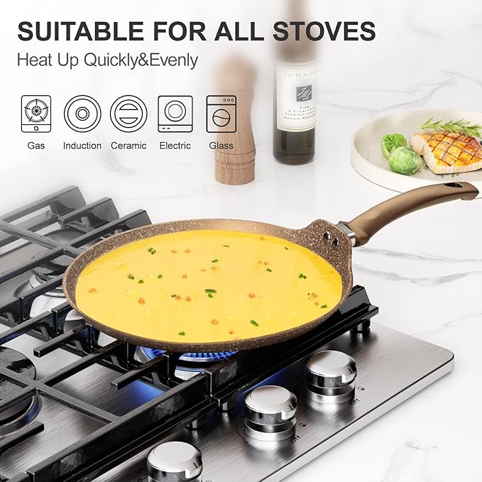 Nonstick Crepe Pan, Granite Coating Flat Skillet Dosa Tawa Tortilla Pan, 10 inch Pancake Griddle Roti Pan With Stay-Cool Handle, Induction Compatible, PFOA Free