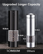TOMEEM Upgraded Larger Capacity Electric Salt and Pepper Grinder Set Rechargeable with LED lights, Stainless Steel Automatic Pepper and Salt Grinder Refillable with 5 Adjustable Coarseness Black