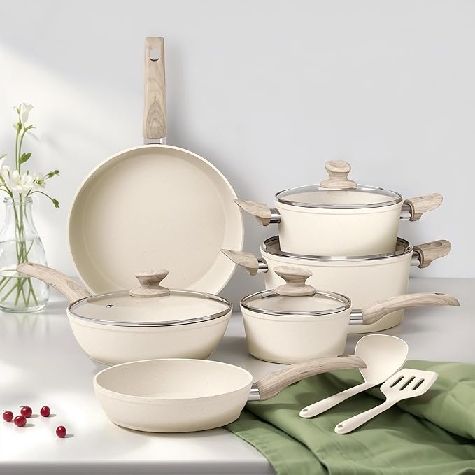 DisDelight Pots and Pans Set Non Stick, Nonstick Induction Granite Kitchen Cookware Sets, Induction Nonstick Granite Cooking Set, Induction Cookware Cooking Pan Set, Pan Sets for Cooking, Cream White