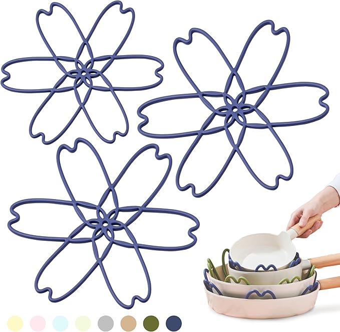 iPROTECT - Stack Expert | Multi-Purpose BPA-Free Silicone Pans & Pots Protector. Set of 3. Trivets for All Cookware Sizes, Protects Coating & Scratches, Dishwasher Safe (Midnight Blue, S&L)