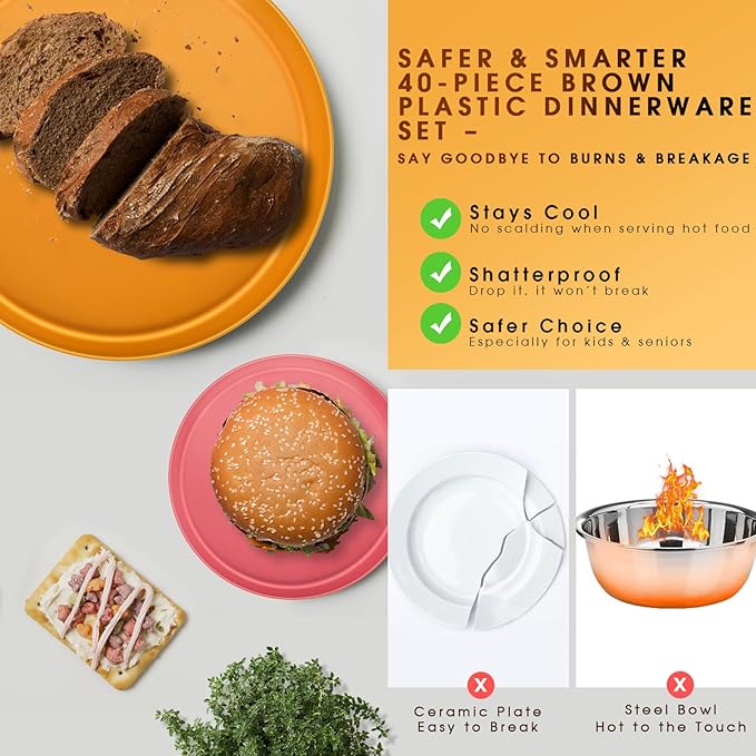 Boho Plastic Dinnerware Sets – 40-Piece Sunset Style Plates and Bowls Sets for 8, Reusable Unbreakable Dishes with Cups, Forks, Knives and Spoons, for Camping, Picnic or Everyday Use