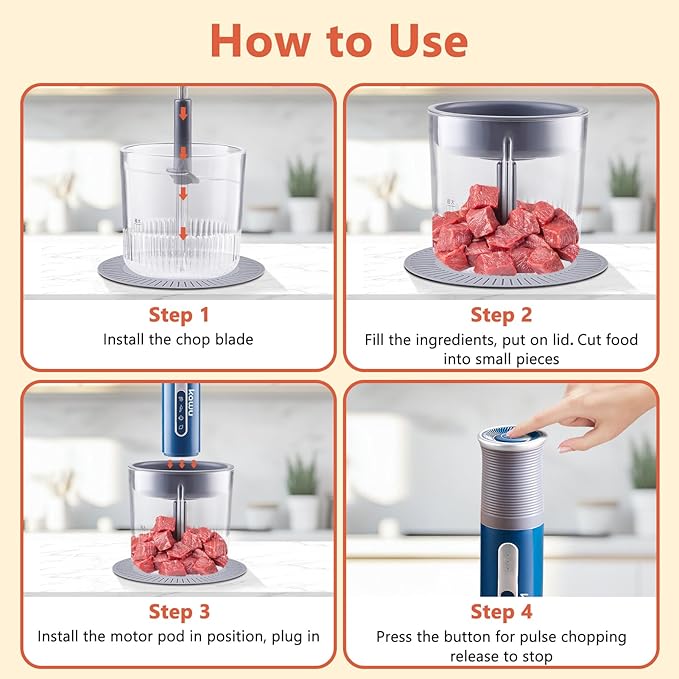 Kawu Cordless Food Processor, Electric Portable Food Chopper with 2 Bowls | 2 Cups+3x 0.4 Cup | 2 Stainless Steel Blades, USB Rechargeable Meat Grinder & Vegetable Chopper for Kitchen, Home