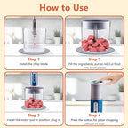 Kawu Cordless Food Processor, Electric Portable Food Chopper with 2 Bowls | 2 Cups+3x 0.4 Cup | 2 Stainless Steel Blades, USB Rechargeable Meat Grinder & Vegetable Chopper for Kitchen, Home