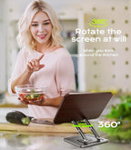 Book Stand for Reading, Adjustable Book Holder with 360°Rotating Bases, Ergonomic Cookbook Stand Recipe Book Holder with Elastic Page Clips for Magazines, Tablets, Laptops