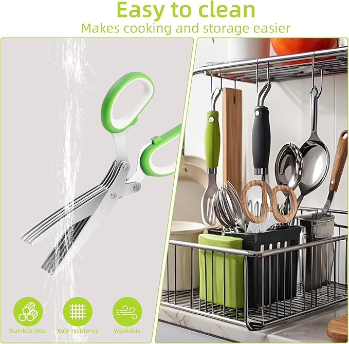 2025 Herb Scissors Set - Classic green 5-Blade Design with Cover and Comb - Skin-Friendly Handle for Comfortable Grip - Dishwasher Safe, Rust-Resistant Stainless Steel for Fresh Herbs