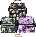OPUX Lunch Box For Women, Insulated Large Lunch Bag Adult Work, Double Decker Lunchbox Meal Prep, Dual Compartment Leakproof Lunch Cooler, Lunch Pail Tote for Girls Kids School, Floral Gray 16 Cans