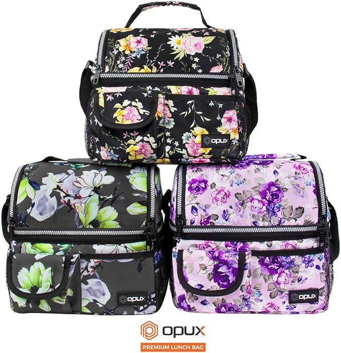OPUX Lunch Box For Women, Insulated Large Lunch Bag Adult Work, Double Decker Lunchbox Meal Prep, Dual Compartment Leakproof Lunch Cooler, Lunch Pail Tote for Girls Kids School, Floral Gray 16 Cans