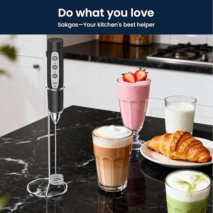 Milk Frother with Stand Rechargeable-Handheld Coffee Frother with 3 Stainless Whisks 3 Speed Adjustable, Electric Whisk Drink Mixer, Foam Maker Blender for Matcha Latte Cappuccino Chocolate