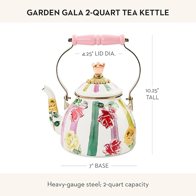 MACKENZIE-CHILDS Enamel Tea Kettle, Cute Tea Kettle for Stovetop, 2 Quarts, Garden Gala