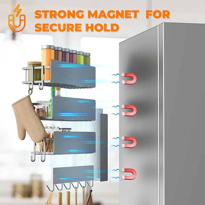 5 Pack Multifunctional Magnetic Shelves for Refrigerator Spice Rack & Washing Machine Organize, Include Paper Towel Holder, Kitchen Utensil Hanger and Hooks, Strong Magnet for Secure Hold (Gray)