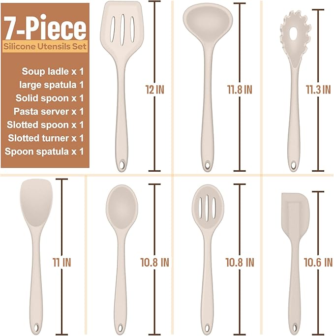 E-far Silicone Cooking Utensils Set, 7-Piece Khaki Heat Resistant Kitchen Utensils Set, Kitchen Nonstick Tools Spatula Ladle Spoon Pasta Server for Non-stick Cookware, Non-Toxic & Dishwasher safe