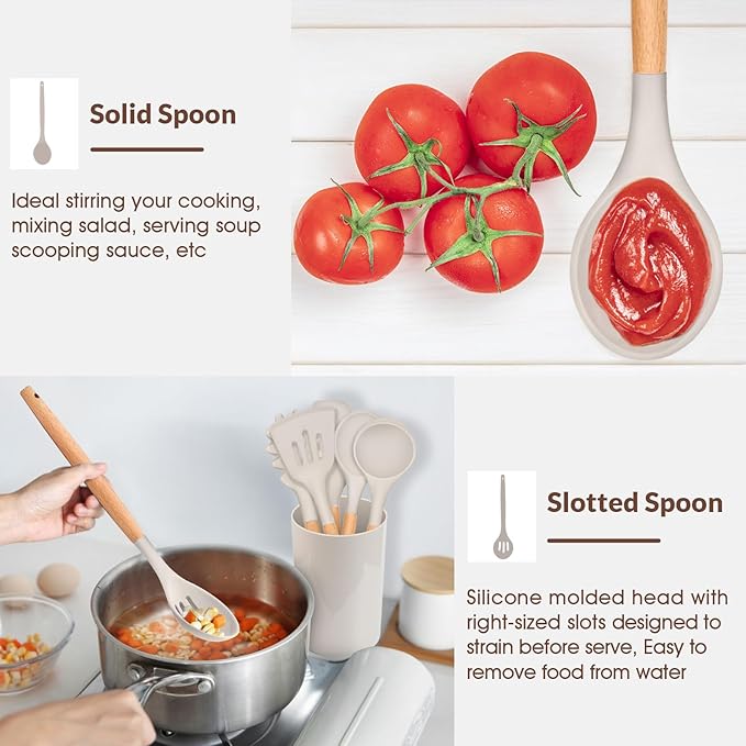 E-far Cooking Utensils Set of 6, Silicone Kitchen Utensils with Wooden Handle, Non-stick Cookware Friendly & Heat Resistant, Includes Spatula/Ladle/Slotted Turner/Serving Spoon/Spaghetti Server(Khaki)