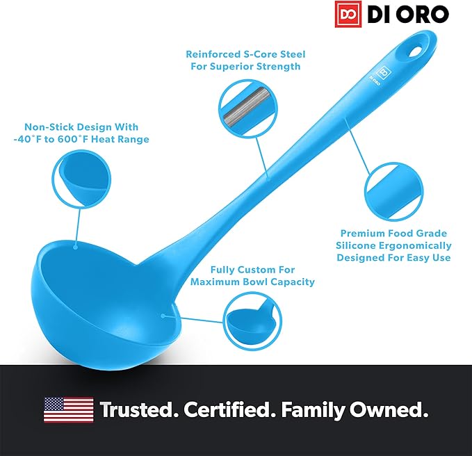DI ORO Silicone Ladle – Soup Ladle for Cooking & Serving Heat-Resistant - Large Kitchen Soup Ladle Nonstick Cookware Safe - Soup Serving Spoon with Wide Bowl - Silicone Utensil Dishwasher Safe (Blue)