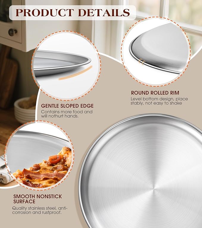 Stainless Steel Pizza Pan 14 inch, Pizza Pan for Oven, Steel Pizza Tray, Thick Round Pizza Plate Pizza Baking Sheet, Easy Clean & Dishwasher Safe, Set of 1
