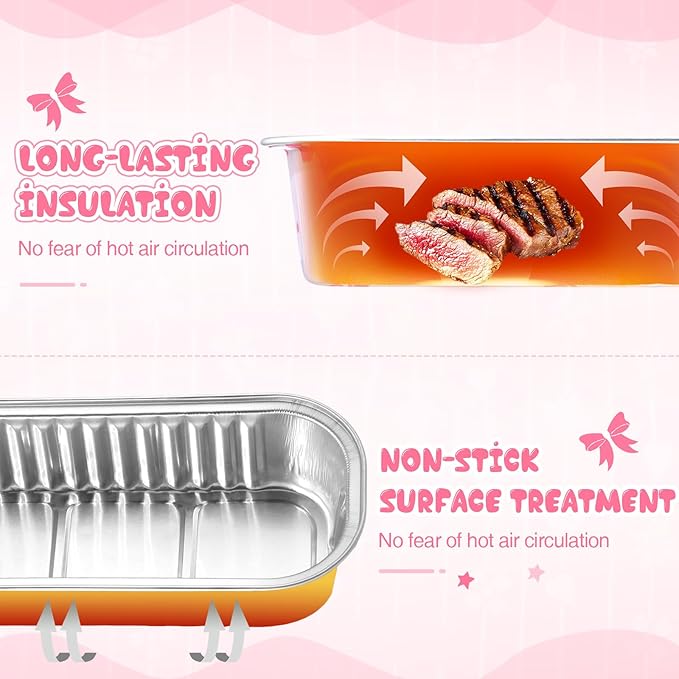 Tioncy 50 Pcs Mini Pink Bow Loaf Pans with Lids Spoons Sticker Cute Pink Bow 6.8oz Disposable Rectangle Aluminum Foil Baking Pans Muffin Cupcake Cups for Picnics Wedding Birthday Baby Shower