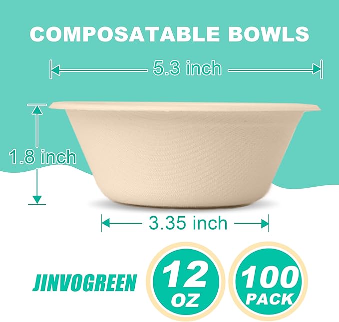12 oz Paper Bowls, 100 Count Disposable Compostable Bowls, Heavy Duty Biodegradable Bagasse Bowl for Snacks, Soup, and Salads, Natural