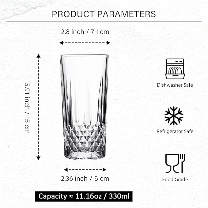 Drinking Glasses Set of 6 - Highball Glasses - 11 oz Tall Water Glass Sets - Glassware for Bar Mixed Drink Cocktail, Juice, Mojito, Iced Tea