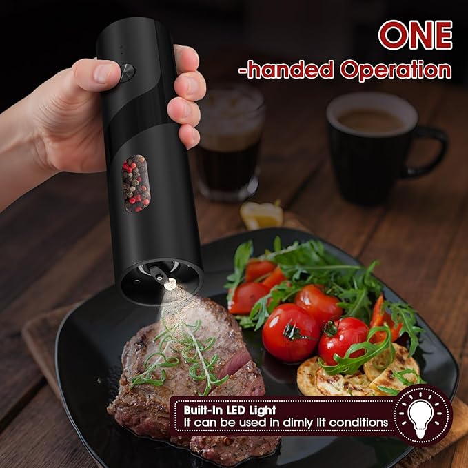 Electric Salt and Pepper Grinder Set,USB Rechargeable Automatic Grinder,Top-Refill Pepper Mill Grinder with Charging Base,Salt and Pepper Grinder with 110ml Large Capacity and LED,One-Hand Operation