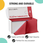 Exquisite Red 54x300in Plastic Disposable Tablecloth Roll with Built-in Cutter - 36 Rectangle Table Covers in a Box