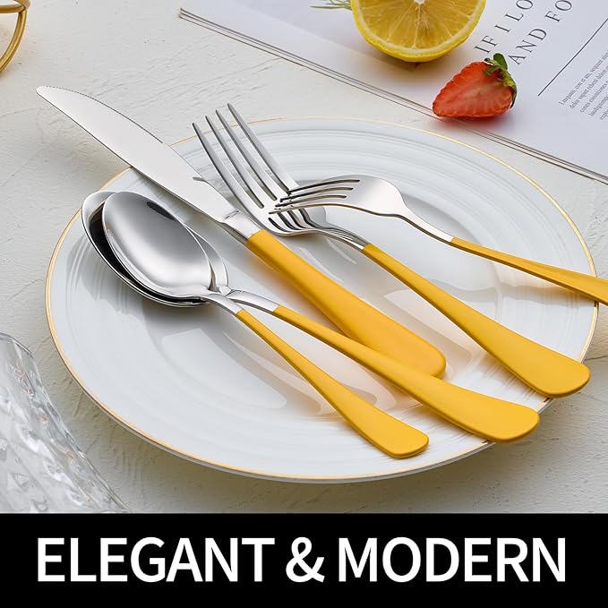20-Pieces Yellow Silverware Sets for 4,Yellow Handle Stainless Steel Cutlery Set, Include Forks Spoons and Knives Set, Dishwasher Safe Utensil Sets for Home Restaurant