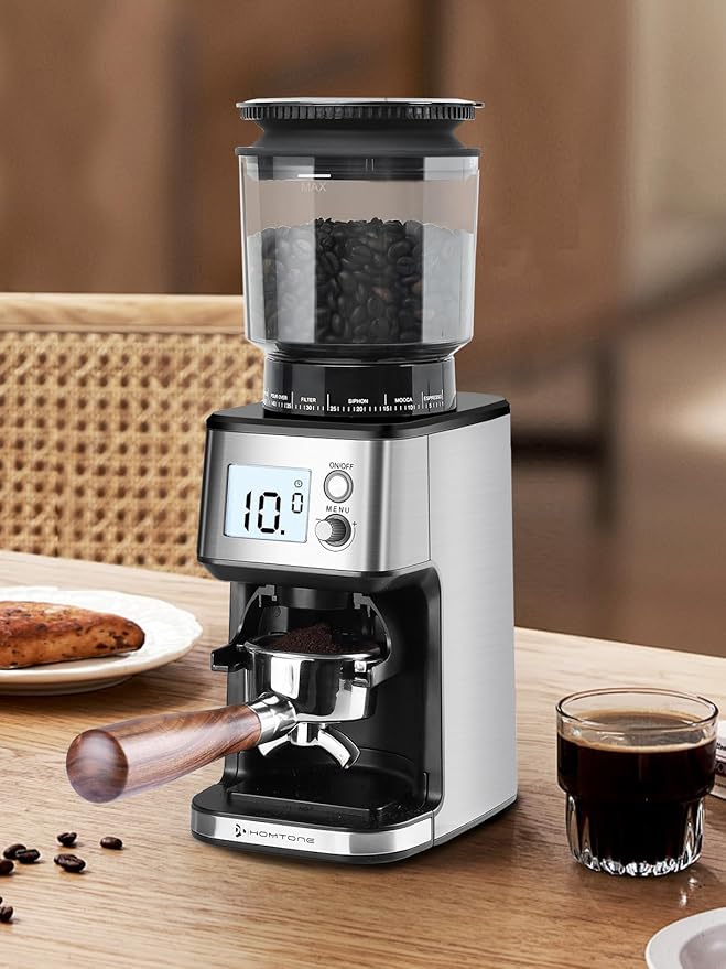 Homtone Conical Burr Coffee Grinder – 51mm Stepless Electric Espresso Grinder with Grind Settings, Automatic Timer, Low Noise, with Portafilter Holders, for Home and Commercial Use, Grade for Baristas