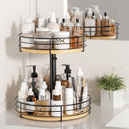 Two Tier Lazy Susan Organizer Turntable Height Adjustable, 12 Inch Wood Lazy Susan 2 Tier, Rotating Spice Rack Organizer for Cabinet Dining Table Top Kitchen Bathroom Countertop Black