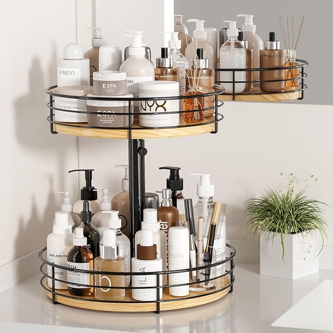 Two Tier Lazy Susan Organizer Turntable Height Adjustable, 12 Inch Wood Lazy Susan 2 Tier, Rotating Spice Rack Organizer for Cabinet Dining Table Top Kitchen Bathroom Countertop Black