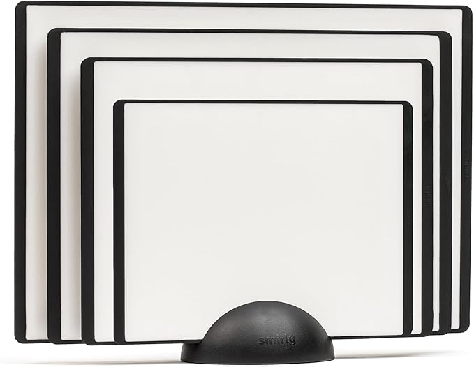 SMIRLY Plastic Cutting Board Set with Holder 4 Pieces, Non-Slip Dishwasher Safe Chopping Boards for Kitchen, Black & White