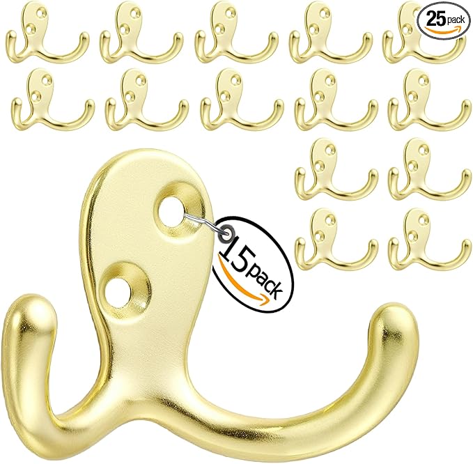 Coat Hooks Wall Hooks for hanging - 15 pack Gold Double Prong Hook Wall Mounted - Great for Living Room, Bedroom, bathroom, Closet for Coat, Bag, Towel, Hat, Key, Cup, Heavy-Duty, Easy to Install