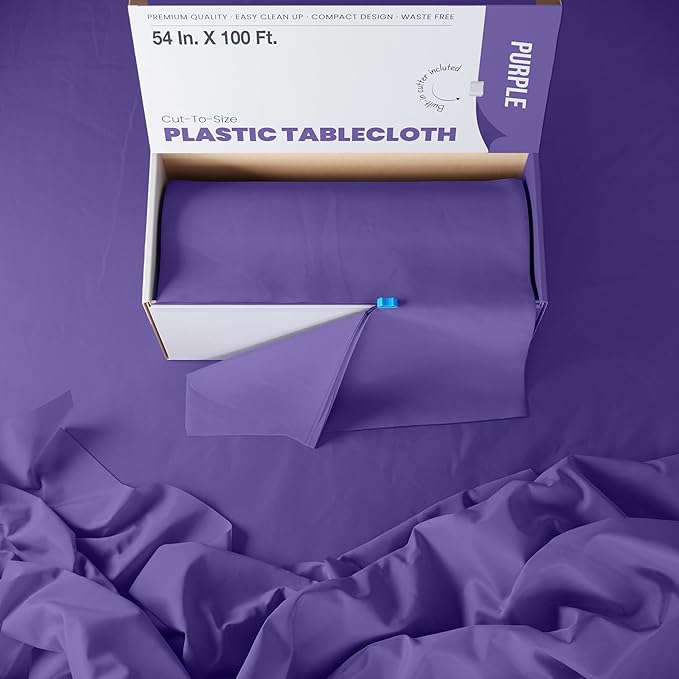 Exquisite Party Solids 54 Inch X 100 Feet Purple Plastic Table Cover Roll in A Cut - to - Size Box with Convenient Slide Cutter. Cuts Up to 12 Rectangle 8 Feet Plastic Disposable Tablecloths