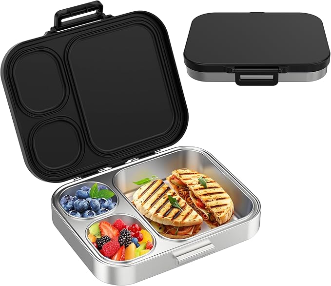 Stainless Steel Bento Lunch Box for Kids | 3-Compartment Lunch Box Container Kids | 100% Leakproof, Dishwasher-Safe, Eco-Friendly, Perfect Portion Control for Kids&Adult Healthy Meals (Black)