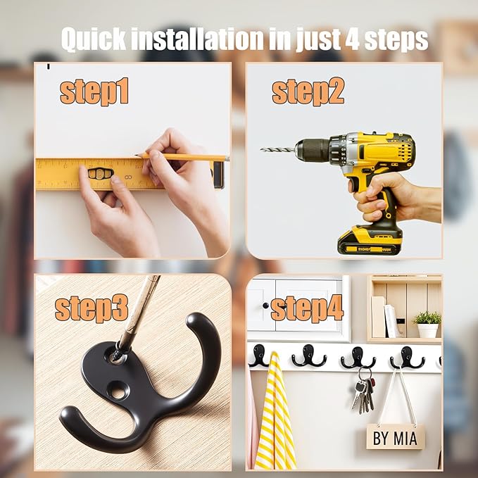 Coat Hooks Wall Hooks for Hanging - 25 Pack Black Double Prong Hook Wall Mounted - Great for Living Room, Bedroom, Entryway, Closet for Coat, Bag, Towel, Hat, Key, Cup, Heavy-Duty, Easy to Install