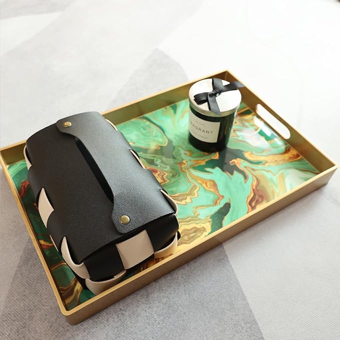 Green Marbling Decorative Tray with Handles, Morden Plastic Rectangular Serving Tray for Coffee Table Bathroom, Ottoman, Home Decor, 15.7"* 10.2"* 1.38"
