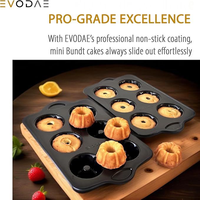 EVODAE® Mini Bundt Cake Pans Set of 2 – 12 Cup (2x6) – Nonstick Black Coated Tube Pans – Perfect for Fall Baking, Pumpkin Spice & Holiday Treats – PFOA & PTFE Free